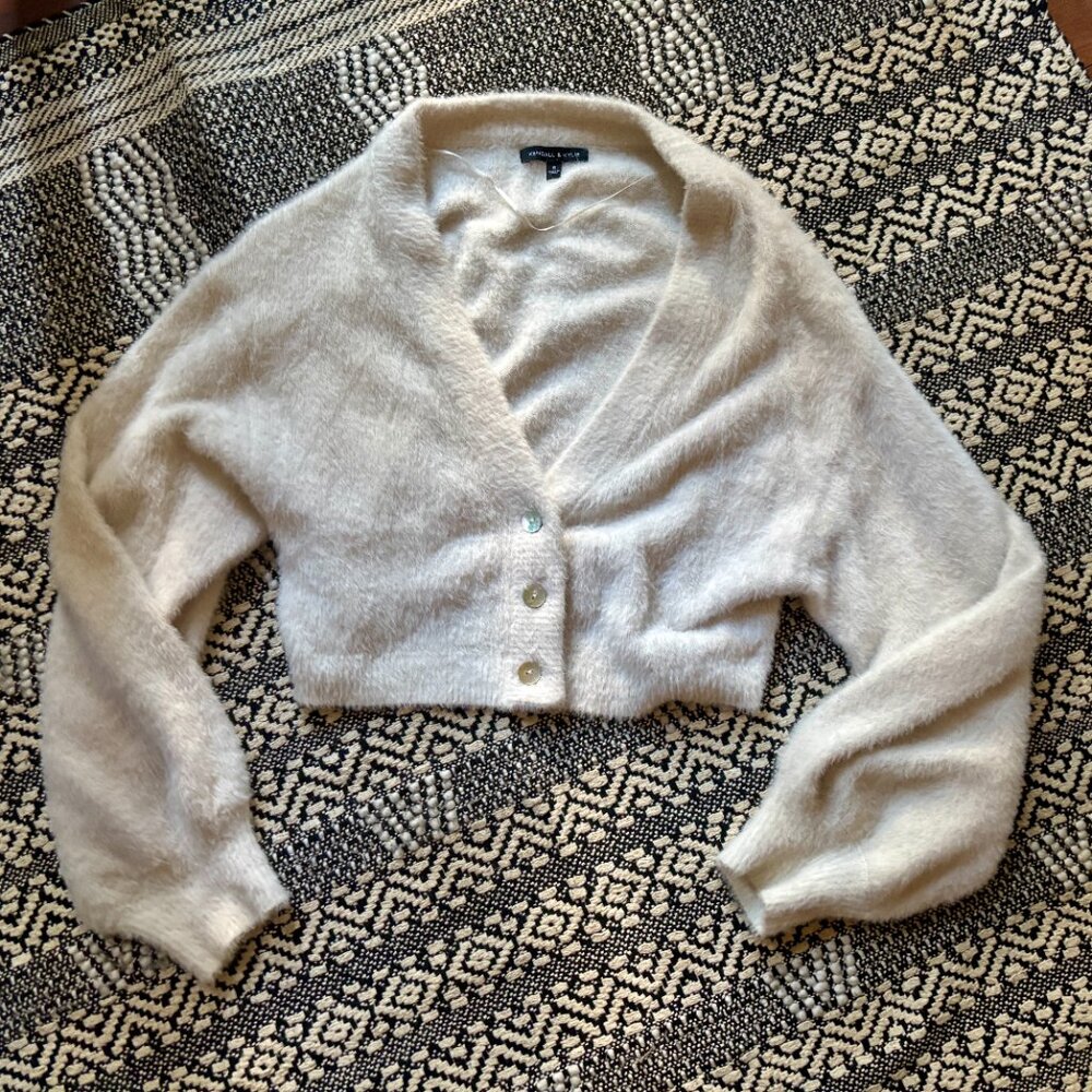 Kendall & Kylie Cardigan Soft Fluffy Sweater White Cropped Boho Small
